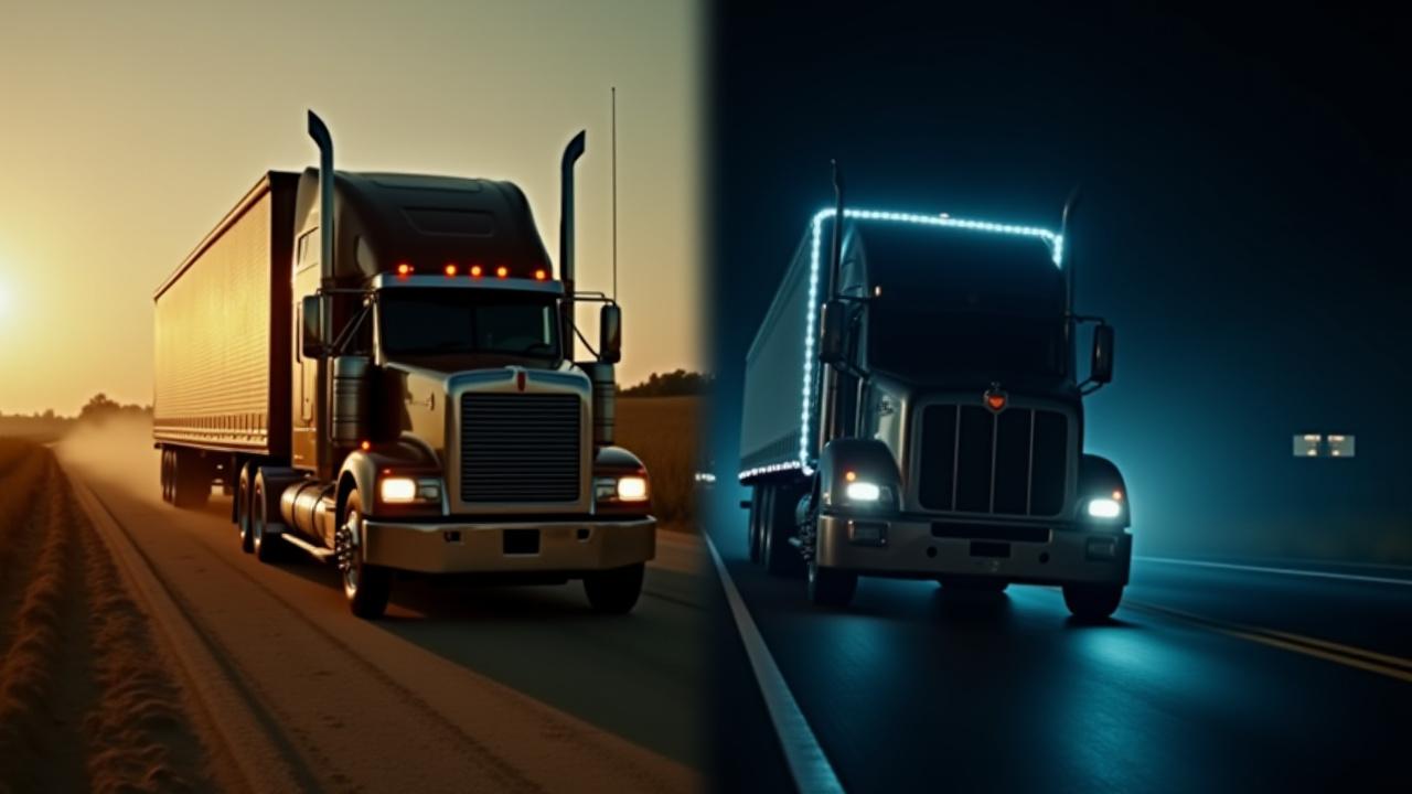 A visual timeline of progression from a vintage truck to a sleek, modern dark silver heavy duty transport vehicle