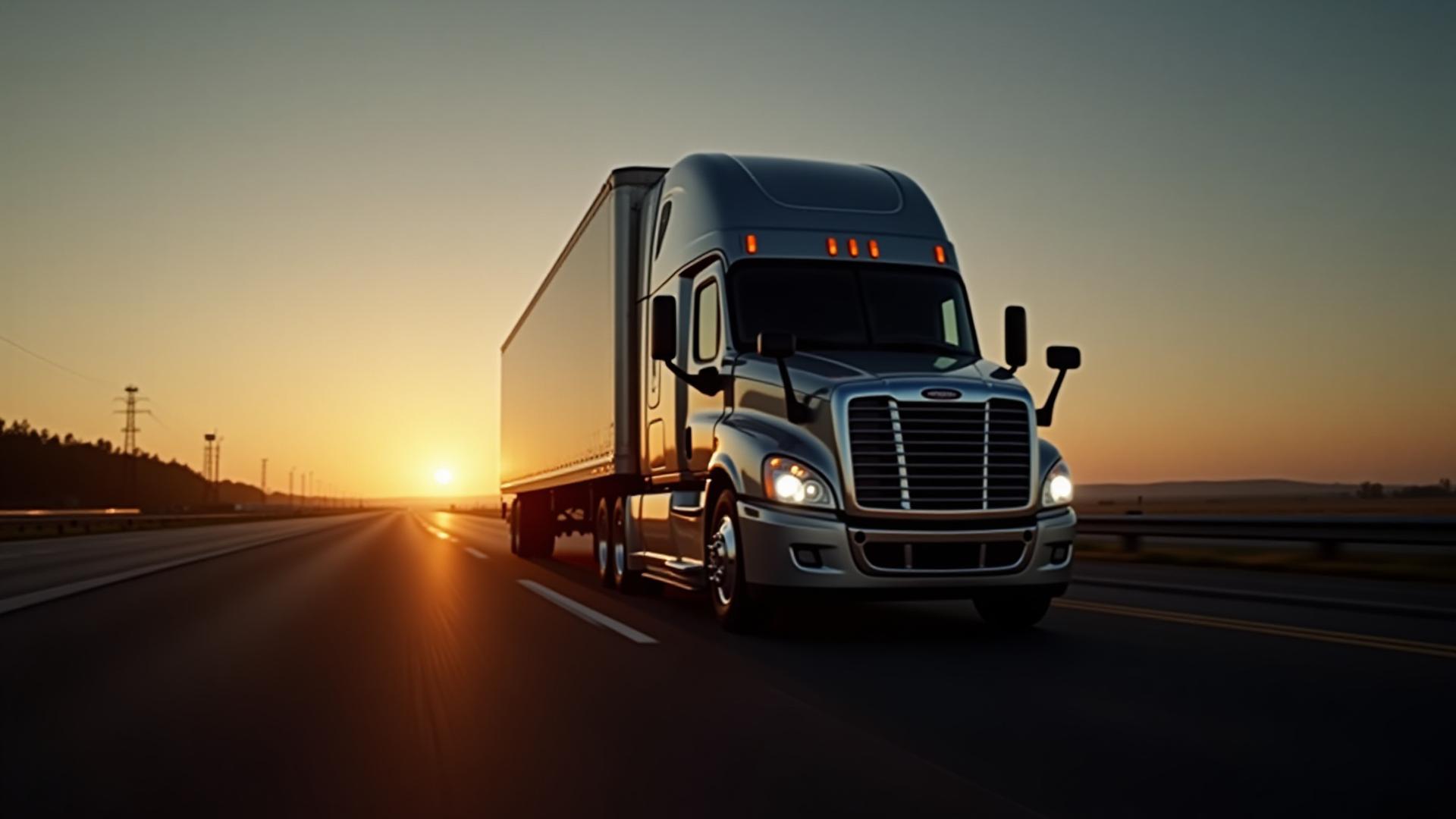 Sleek dark silver Singletary Freight truck on long highway at dusk