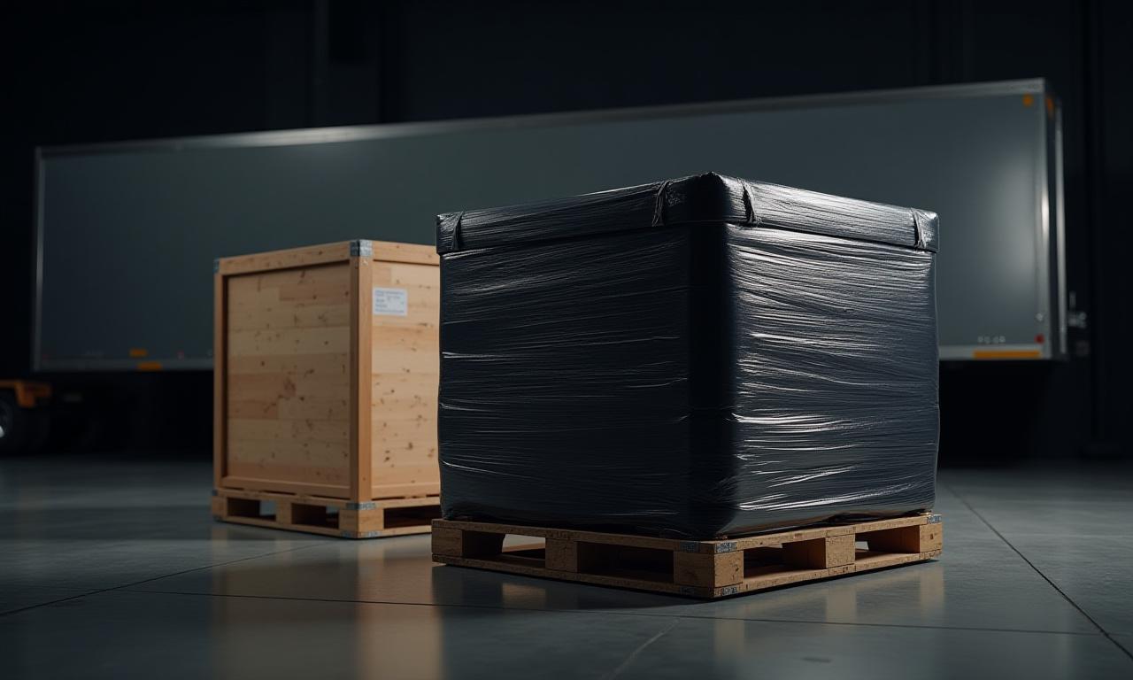 Professionally crated and poly-wrapped cargo pallet on a dark silver loading dock