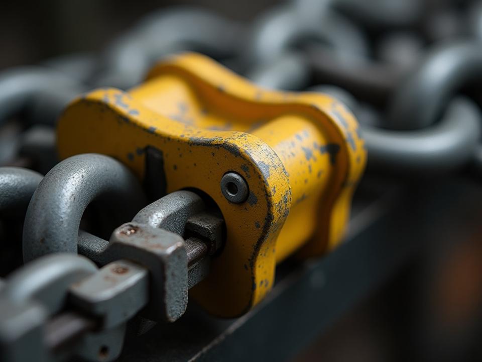 Close-up of heavy-duty steel chains and tensioners securing an industrial load