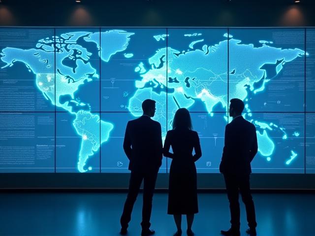 Logistics experts collaborating over a digital supply chain map